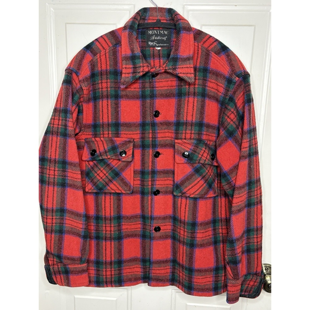 Vtg Montmac Aristocrat Men's  L Wool Button Shirt Jacket Red Green Plaid